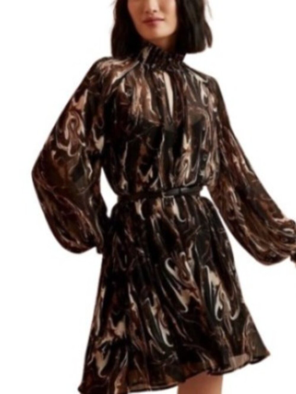 Banana Republic Womens High Smocked Neck Mini Dress Brown Swirl Chiffon S New